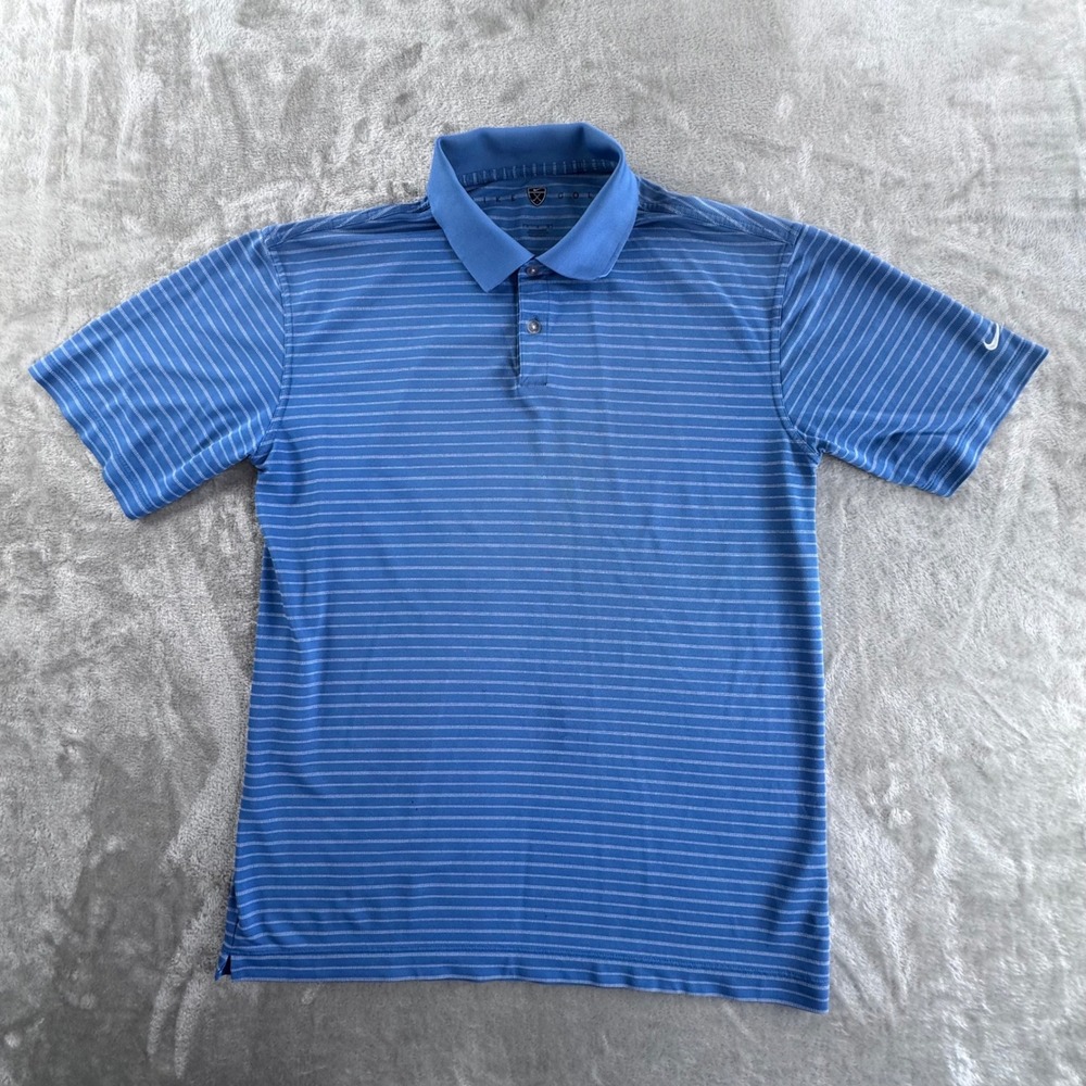 Nike Golf Polo Mens Large Blue Striped Dri Fit Performance Shirt Golf Pro‎
